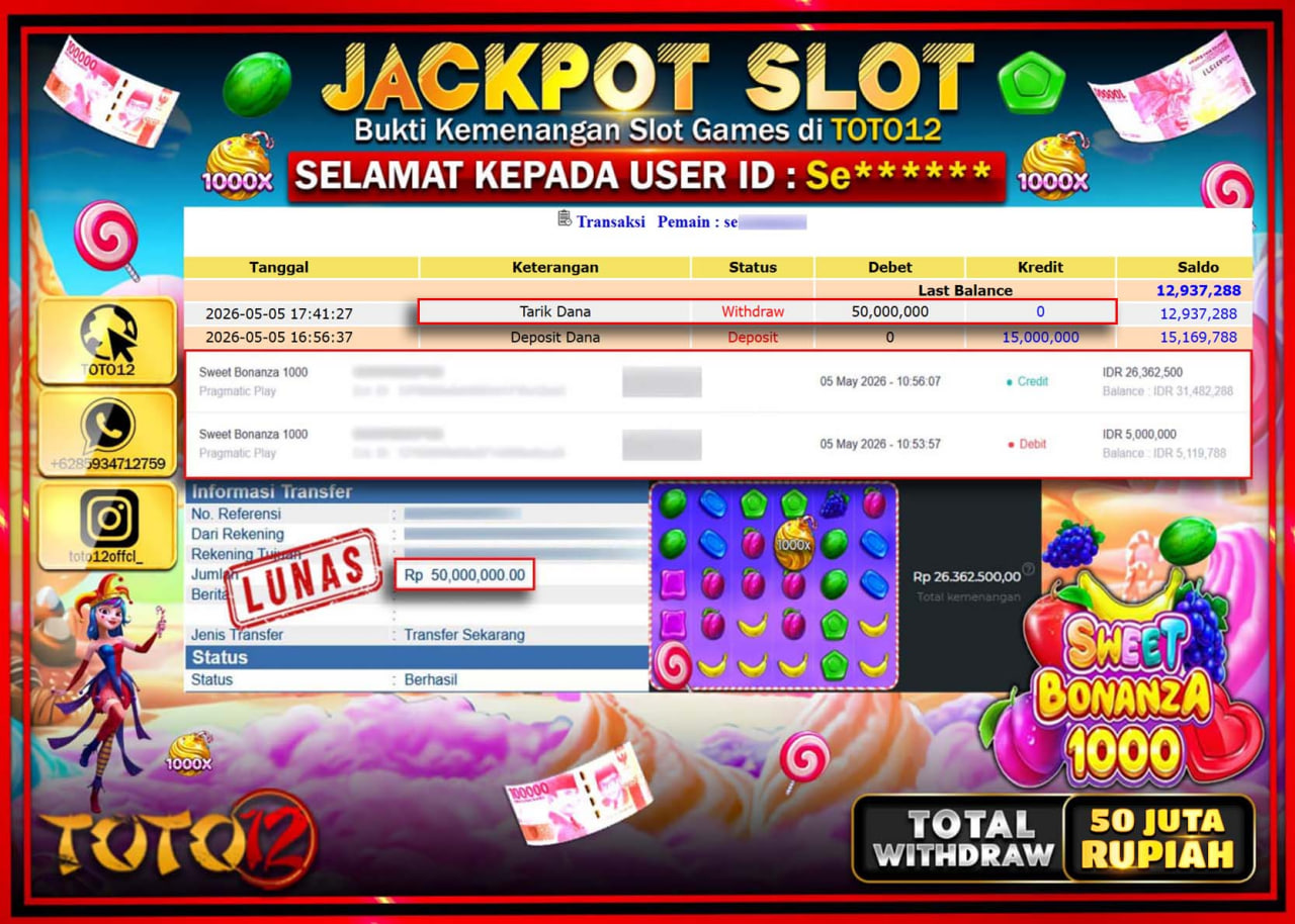 HANYA DI TOTO12 JP PASTI DI BAYAR LUNAS DAN CEPAT!!!!!! JACKPOT SLOT GAME (SWEET BONANZA 1000) Rp50.000.000!!!!
