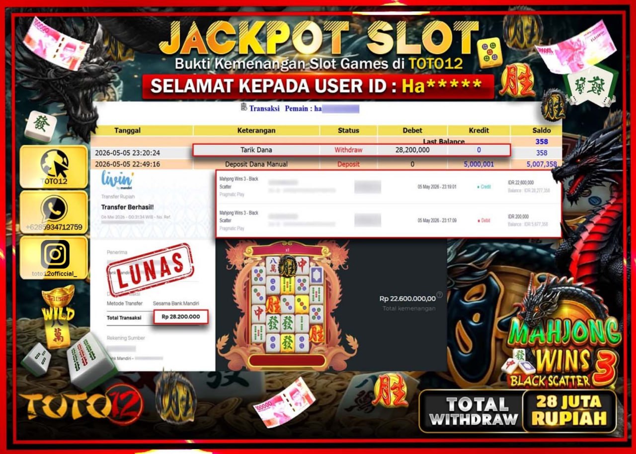 HANYA DI TOTO12 JP PASTI DI BAYAR LUNAS DAN CEPAT!!!!!! JACKPOT SLOT GAME (MAHJONG WINS 3 BLACK SCATTER) Rp28.200.000!!!!