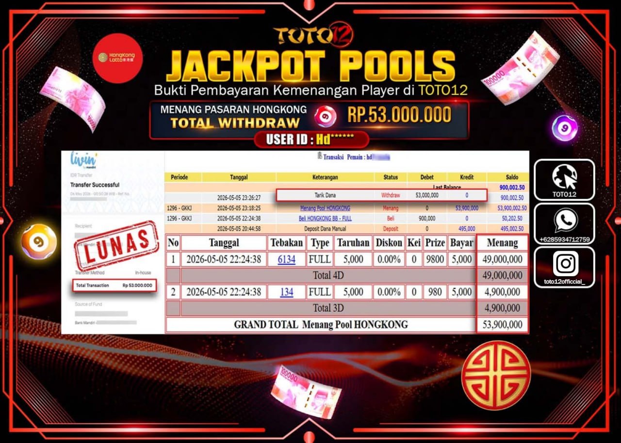 HANYA DI TOTO12 JP PASTI DI BAYAR LUNAS DAN CEPAT!!!!!! JACKPOT POOLS PASARAN (HONGKONG) Rp53.000.000!!!!