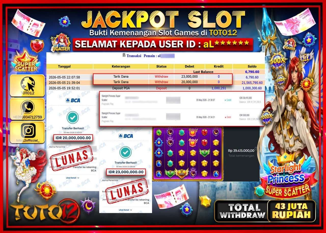 HANYA DI TOTO12 JP PASTI DI BAYAR LUNAS DAN CEPAT!!!!!! JACKPOT SLOT GAME (STARLIGHT PRINCESS SUPER SCATTER) Rp43.000.000!!!!