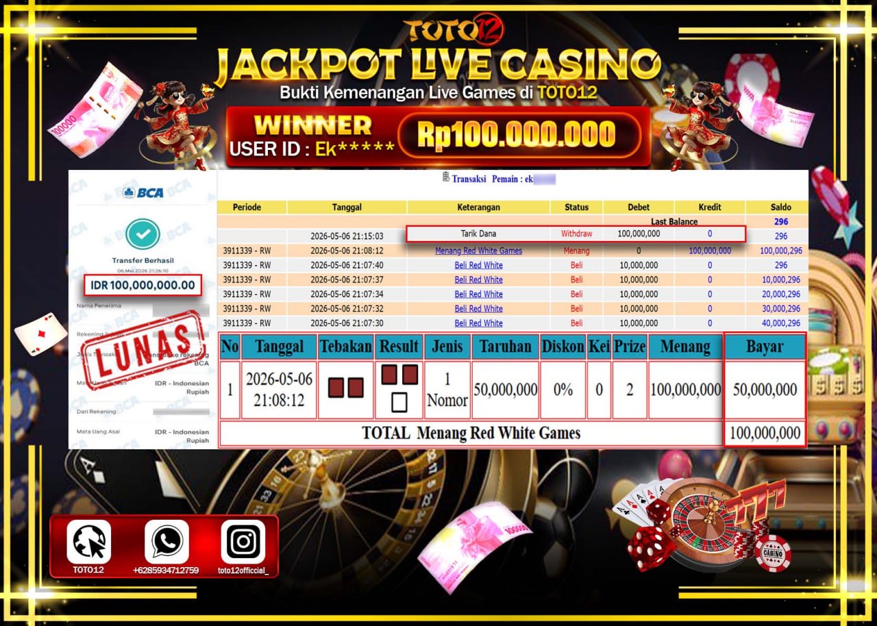 HANYA DI TOTO12 JP PASTI DI BAYAR LUNAS DAN CEPAT!!!!!! JACKPOT  LIVE GAME CASINO (RED WHITE) Rp100.000.000!!!!