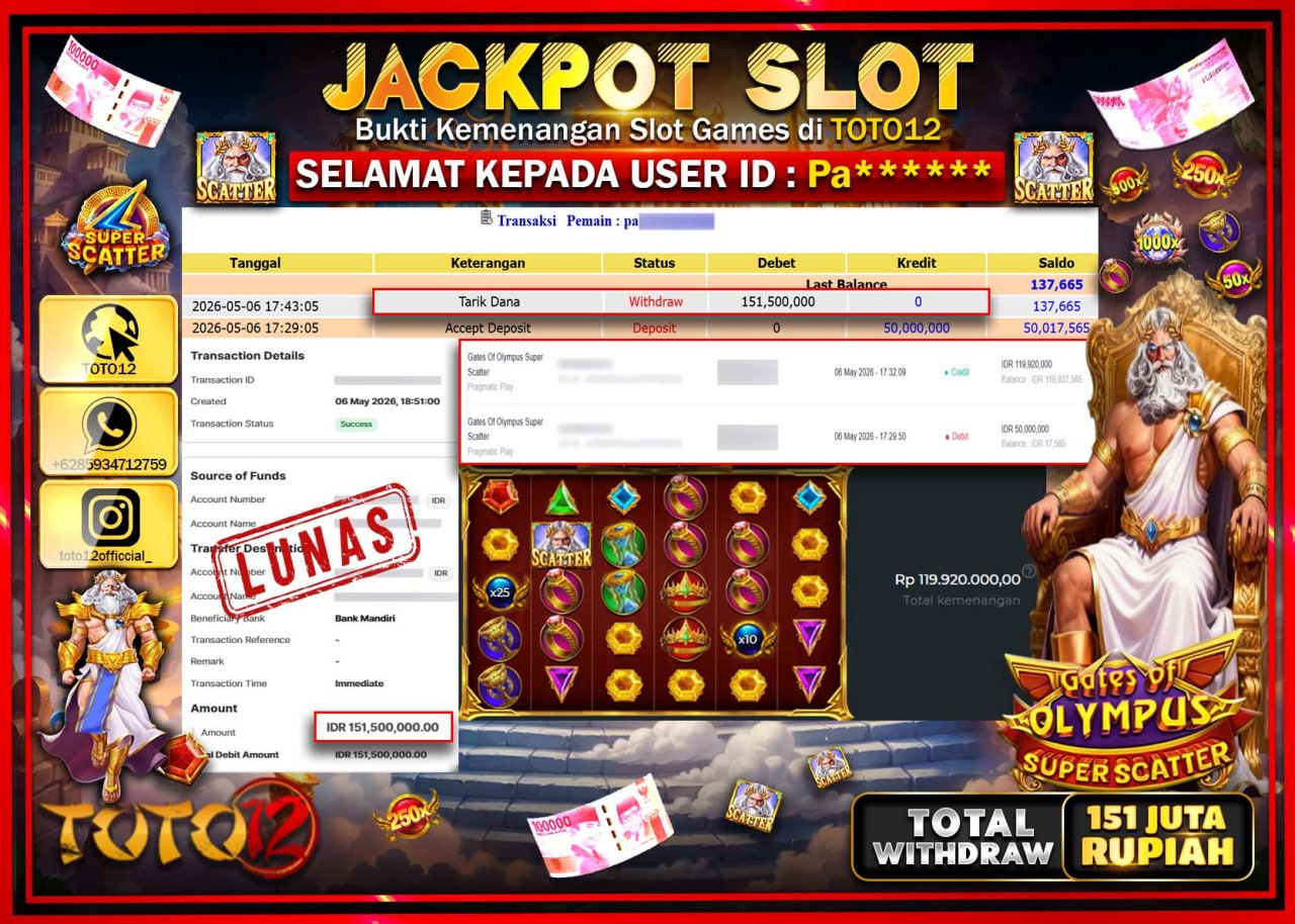 HANYA DI TOTO12 JP PASTI DI BAYAR LUNAS DAN CEPAT!!!!!! JACKPOT SLOT GAME (GATES OF OLYMPUS SUPER SCATTER) Rp151.500.000!!!!