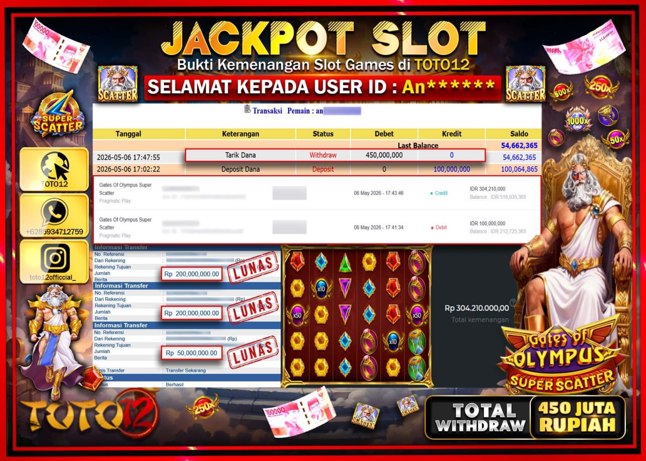 HANYA DI TOTO12 JP PASTI DI BAYAR LUNAS DAN CEPAT!!!!!! JACKPOT SLOT GAME (GATES OF OLYMPUS SUPER SCATTER) Rp450.000.000!!!!