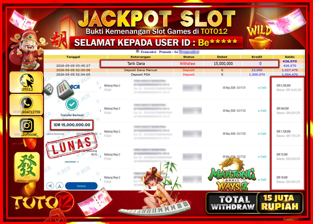 HANYA DI TOTO12 JP PASTI DI BAYAR LUNAS DAN CEPAT!!!!!! JACKPOT SLOT GAME (MAHJONG WAYS 2) Rp15.000.000!!!!