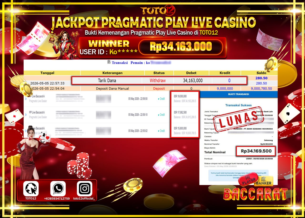 HANYA DI TOTO12 JP PASTI DI BAYAR LUNAS DAN CEPAT!!!!!! JACKPOT PRAGMATIC PLAY LIVE GAME CASINO (PP LIVE BACCARAT A) Rp34.163.000!!!!
