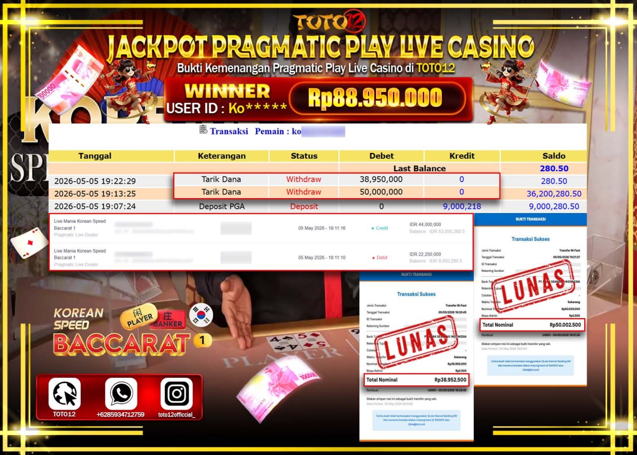 HANYA DI TOTO12 JP PASTI DI BAYAR LUNAS DAN CEPAT!!!!!! JACKPOT PRAGMATIC PLAY LIVE GAME CASINO (LIVE MANIA KOREAN SPEED BACCARAT 1) Rp88.950.000!!!!