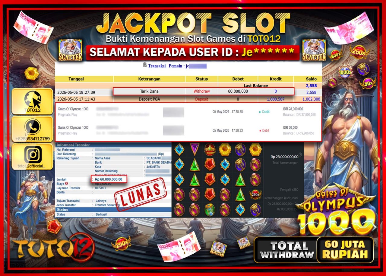 HANYA DI TOTO12 JP PASTI DI BAYAR LUNAS DAN CEPAT!!!!!! JACKPOT SLOT GAME (GATES OF OLYMPUS 1000) Rp60.000.000!!!!