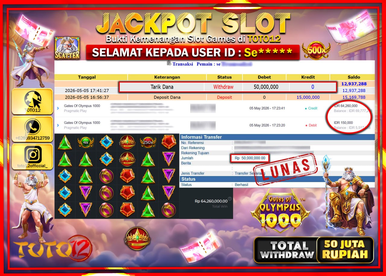 HANYA DI TOTO12 JP PASTI DI BAYAR LUNAS DAN CEPAT!!!!!! JACKPOT SLOT GAME (GATES OF OLYMPUS 1000) Rp50.000.000!!!!