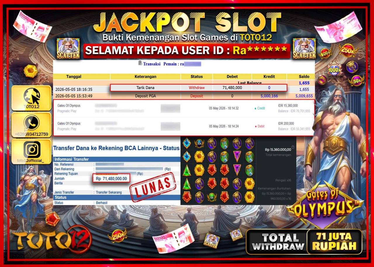 HANYA DI TOTO12 JP PASTI DI BAYAR LUNAS DAN CEPAT!!!!!! JACKPOT SLOT GAME (GATES OF OLYMPUS) Rp71.480.000!!!!