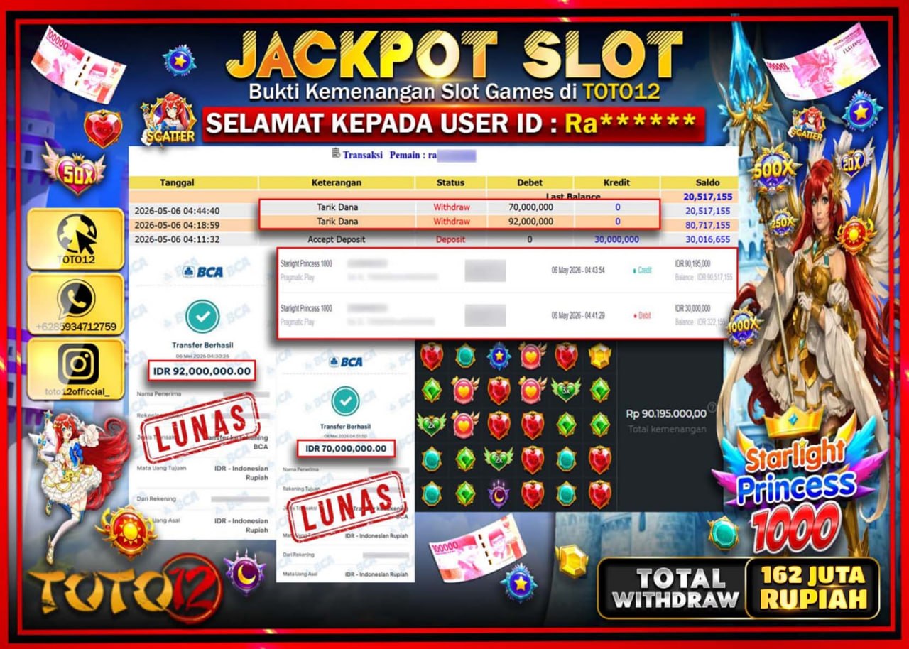 HANYA DI TOTO12 JP PASTI DI BAYAR LUNAS DAN CEPAT!!!!!! JACKPOT SLOT GAME (STARLIGHT PRINCESS 1000) Rp162.000.000!!!!