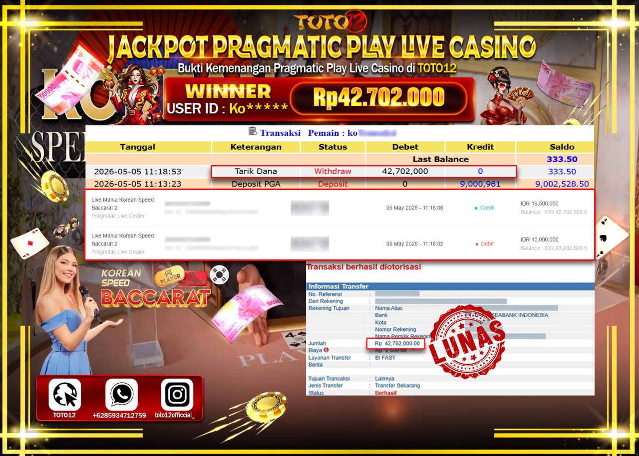HANYA DI TOTO12 JP PASTI DI BAYAR LUNAS DAN CEPAT!!!!!! JACKPOT PRAGMATIC PLAY LIVE GAME CASINO (LIVE MANIA KOREAN SPEED BACCARAT 2) Rp42.702.000!!!!