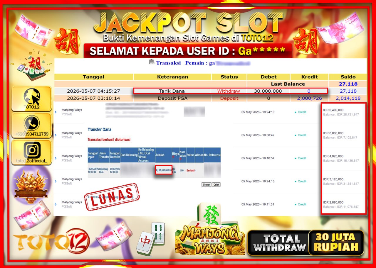 HANYA DI TOTO12 JP PASTI DI BAYAR LUNAS DAN CEPAT!!!!!! JACKPOT SLOT GAME (MAHJONG WAYS) Rp30.000.000!!!!