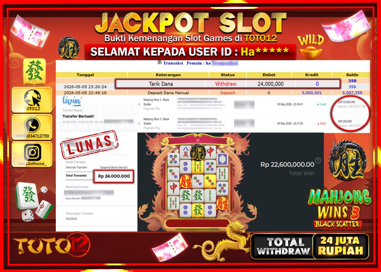 HANYA DI TOTO12 JP PASTI DI BAYAR LUNAS DAN CEPAT!!!!!! JACKPOT SLOT GAME (MAHJONG WINS 3 BLACK SCATTER) Rp24.000.000!!!!