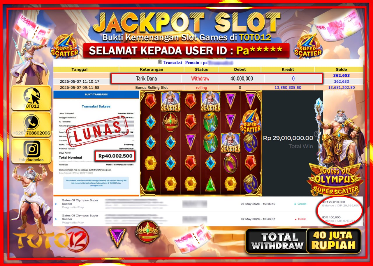 HANYA DI TOTO12 JP PASTI DI BAYAR LUNAS DAN CEPAT!!!!!! JACKPOT SLOT GAME (GATES OF OLYMPUS SUPER SCATTER) Rp40.000.000!!!!