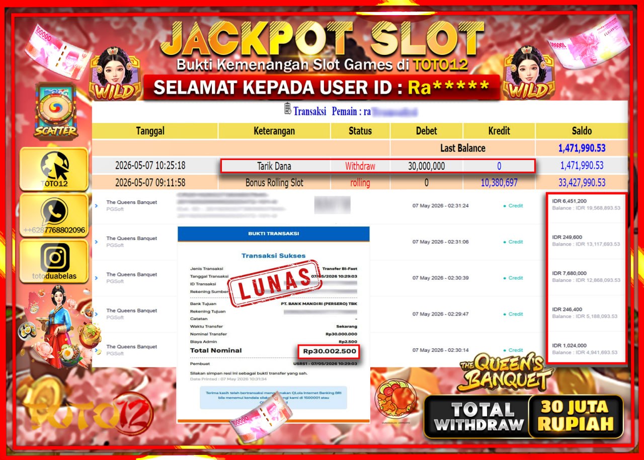 HANYA DI TOTO12 JP PASTI DI BAYAR LUNAS DAN CEPAT!!!!!! JACKPOT SLOT GAME (THE QUEENS BANQUET) Rp30.000.000!!!!