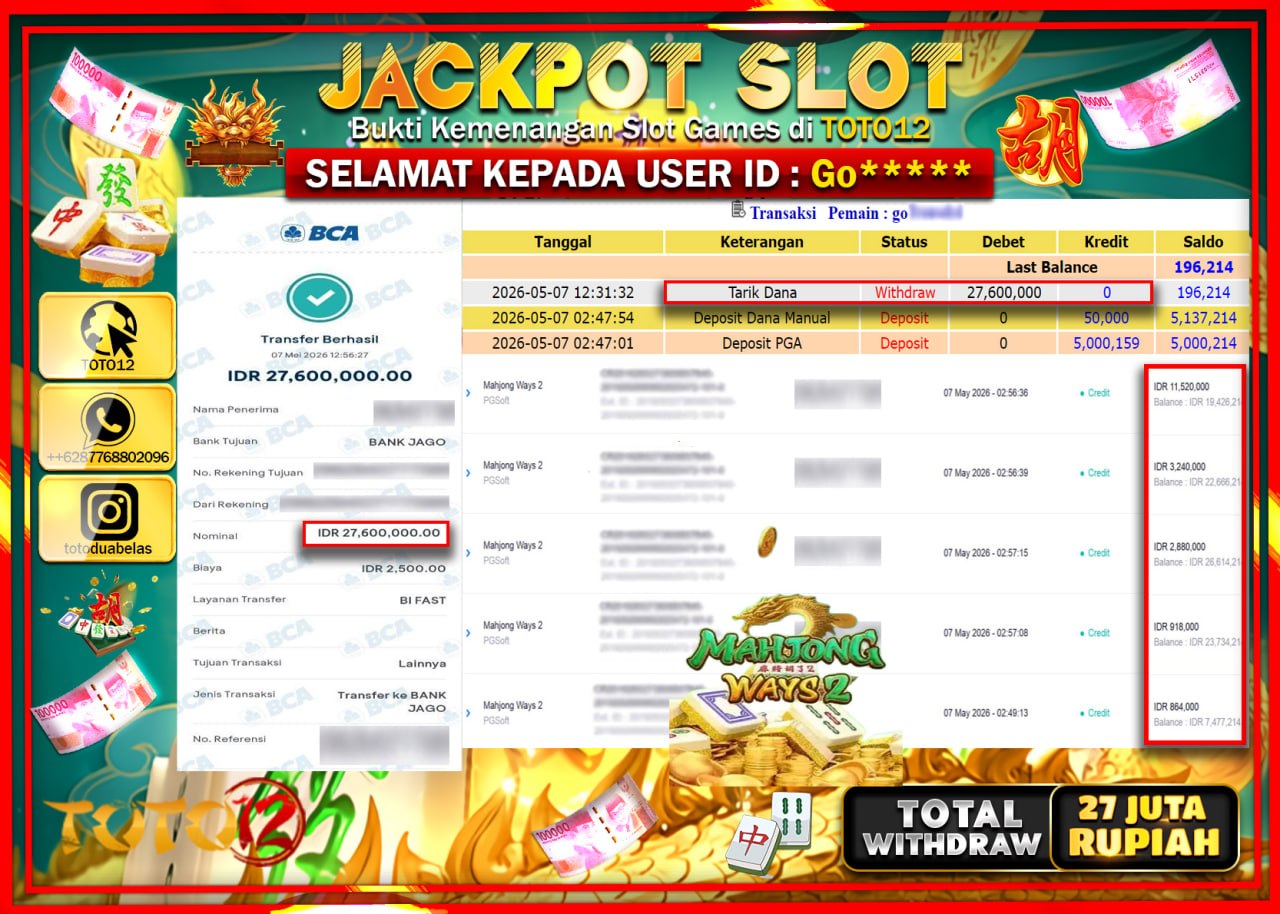 HANYA DI TOTO12 JP PASTI DI BAYAR LUNAS DAN CEPAT!!!!!! JACKPOT SLOT GAME (MAHJONG WAYS 2) Rp27.600.000!!!!