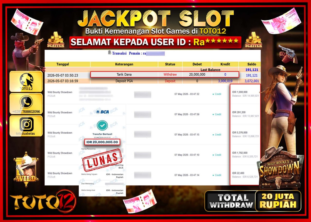 HANYA DI TOTO12 JP PASTI DI BAYAR LUNAS DAN CEPAT!!!!!! JACKPOT SLOT GAME (WILD BOUNTY SHOWDOWN) Rp20.000.000!!!!