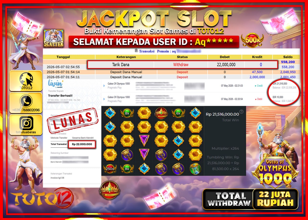 HANYA DI TOTO12 JP PASTI DI BAYAR LUNAS DAN CEPAT!!!!!! JACKPOT SLOT GAME (GATES OF OLYMPUS 1000) Rp22.000.000!!!!