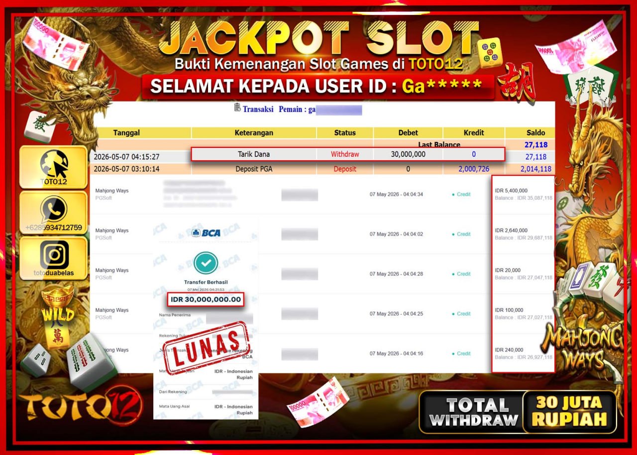 HANYA DI TOTO12 JP PASTI DI BAYAR LUNAS DAN CEPAT!!!!!! JACKPOT SLOT GAME (MAHJONG WAYS) Rp30.000.000!!!!