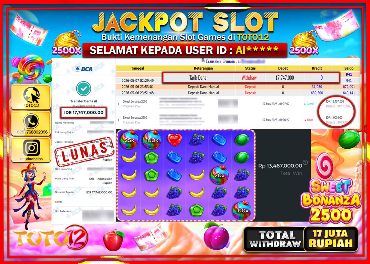 HANYA DI TOTO12 JP PASTI DI BAYAR LUNAS DAN CEPAT!!!!!! JACKPOT SLOT GAME (SWEET BONANZA 2500) Rp17.747.000!!!!