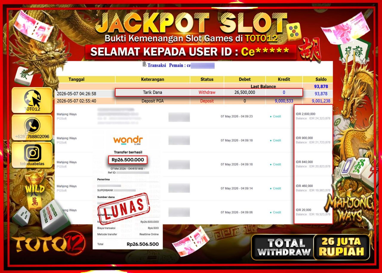 HANYA DI TOTO12 JP PASTI DI BAYAR LUNAS DAN CEPAT!!!!!! JACKPOT SLOT GAME (MAHJONG WAYS) Rp26.500.000!!!!