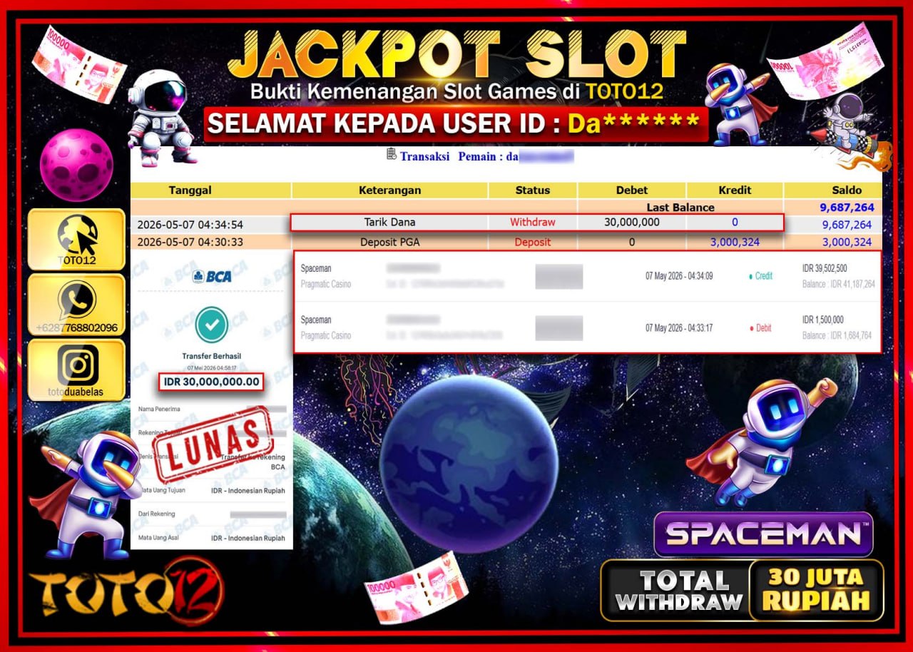 HANYA DI TOTO12 JP PASTI DI BAYAR LUNAS DAN CEPAT!!!!!! JACKPOT SLOT GAME (SPACEMAN) Rp30.000.000!!!!