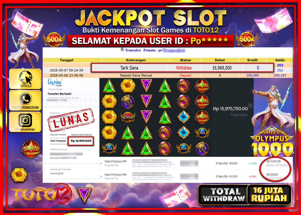 HANYA DI TOTO12 JP PASTI DI BAYAR LUNAS DAN CEPAT!!!!!! JACKPOT SLOT GAME (GATES OF OLYMPUS 1000) Rp16.969.000!!!!