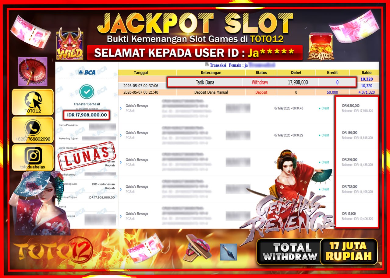HANYA DI TOTO12 JP PASTI DI BAYAR LUNAS DAN CEPAT!!!!!! JACKPOT SLOT GAME (GEISHAS REVENGE) Rp17.908.000!!!!