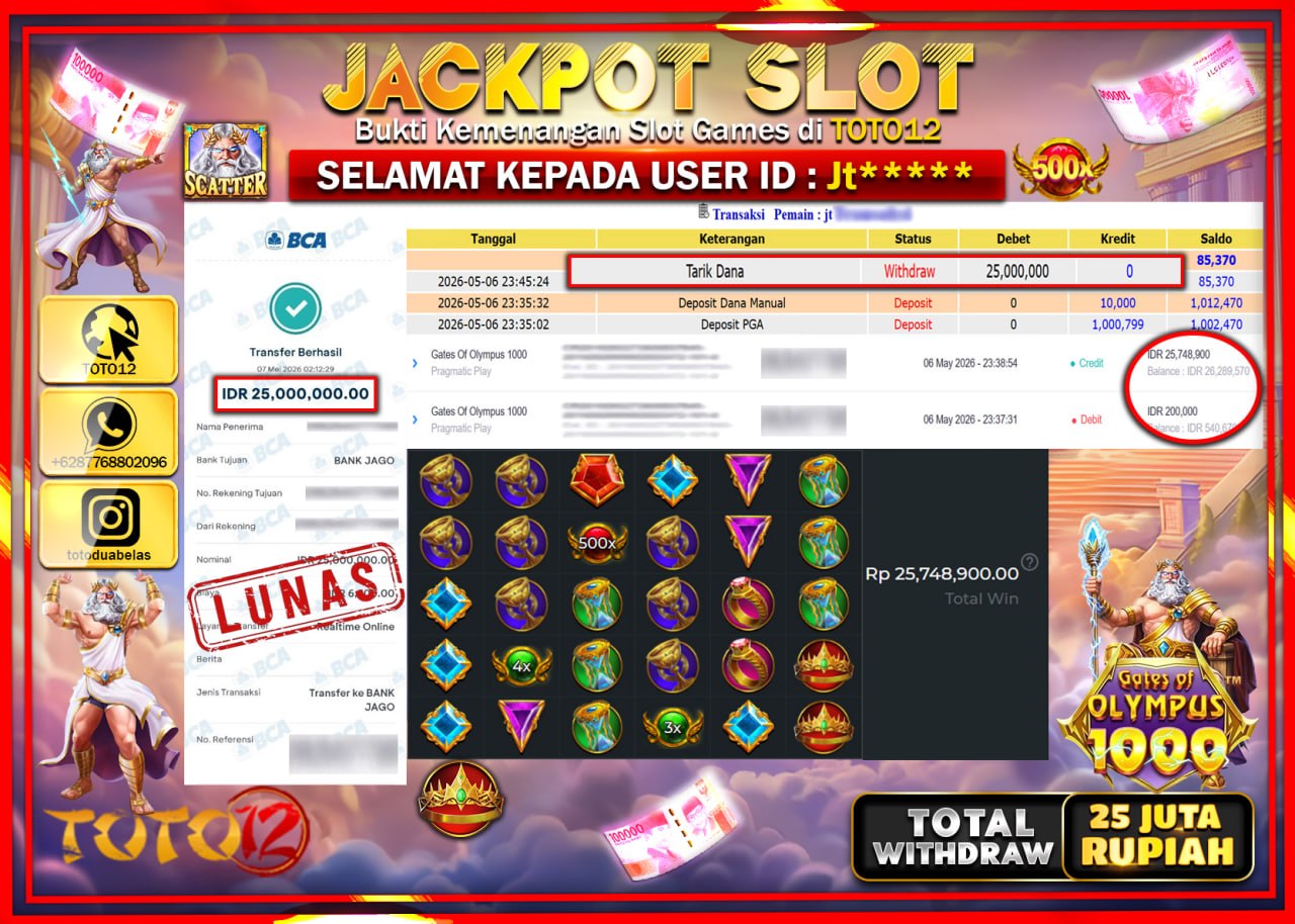 HANYA DI TOTO12 JP PASTI DI BAYAR LUNAS DAN CEPAT!!!!!! JACKPOT SLOT GAME (GATES OF OLYMPUS 1000) Rp25.000.000!!!!