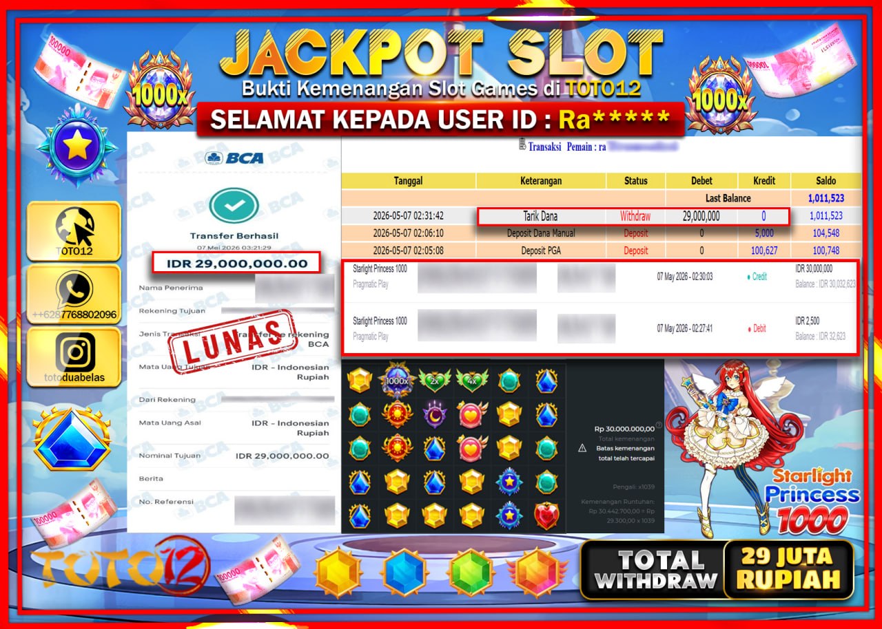 HANYA DI TOTO12 JP PASTI DI BAYAR LUNAS DAN CEPAT!!!!!! JACKPOT SLOT GAME (STARLIGHT PRINCESS 1000) Rp29.000.000!!!!