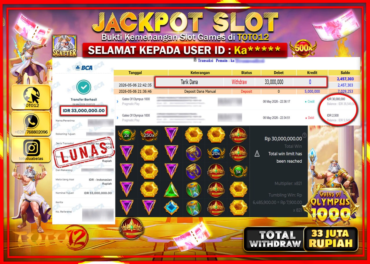 HANYA DI TOTO12 JP PASTI DI BAYAR LUNAS DAN CEPAT!!!!!! JACKPOT SLOT GAME (GATES OF OLYMPUS 1000) Rp33.000.000!!!!