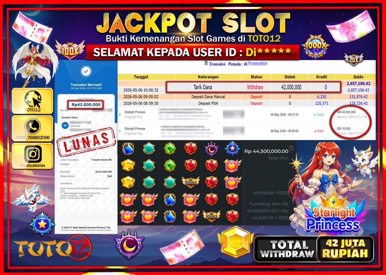 HANYA DI TOTO12 JP PASTI DI BAYAR LUNAS DAN CEPAT!!!!!! JACKPOT SLOT GAME (STARLIGHT PRINCESS) Rp42.000.000!!!!