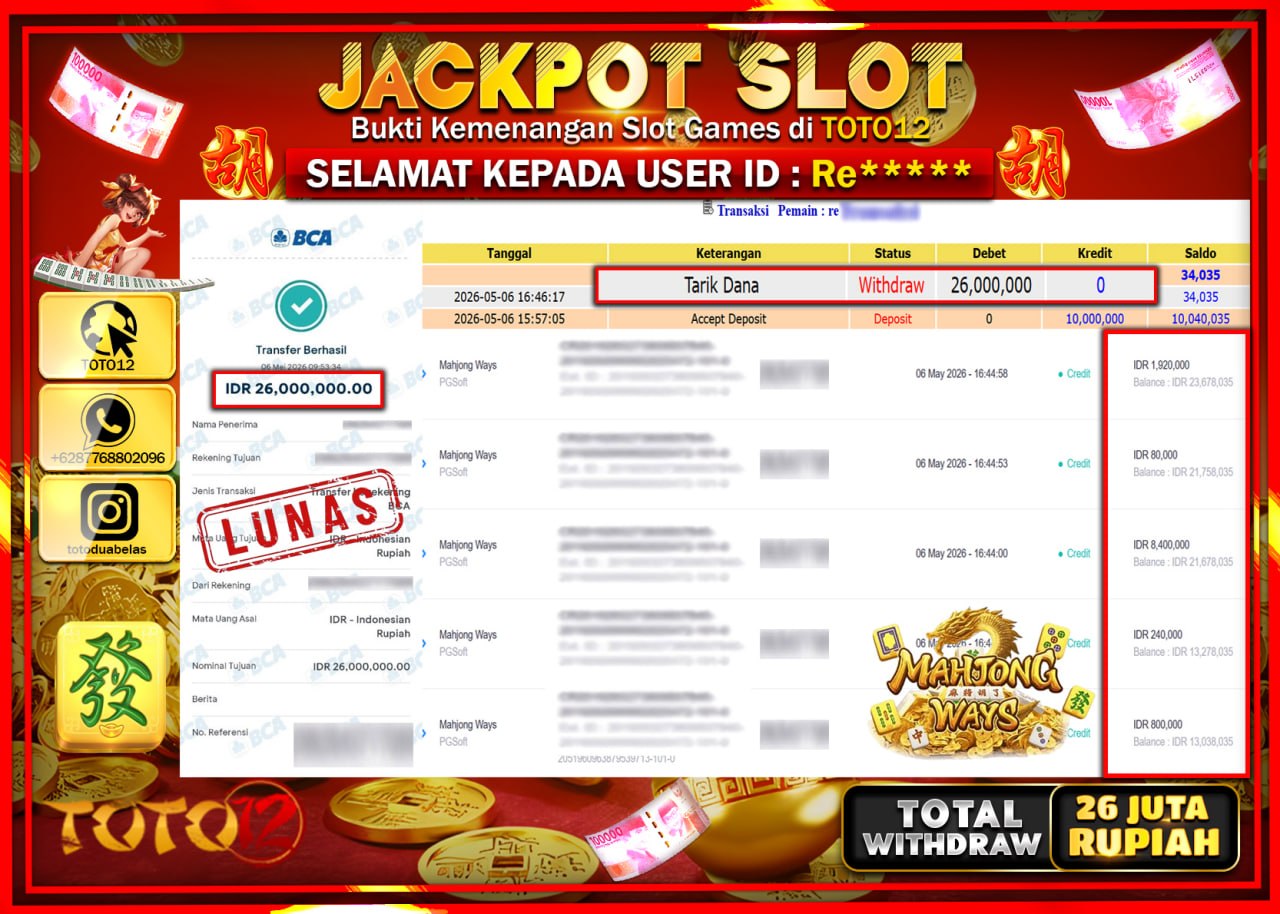 HANYA DI TOTO12 JP PASTI DI BAYAR LUNAS DAN CEPAT!!!!!! JACKPOT SLOT GAME (MAHJONG WAYS) Rp26.000.000!!!!