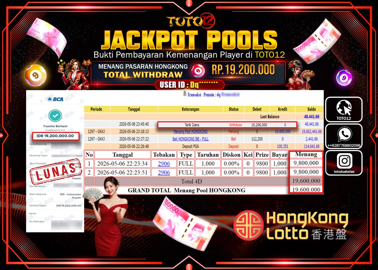 HANYA DI TOTO12 JP PASTI DI BAYAR LUNAS DAN CEPAT!!!!!! JACKPOT POOLS PASARAN (HONGKONG) Rp19.200.000!!!!