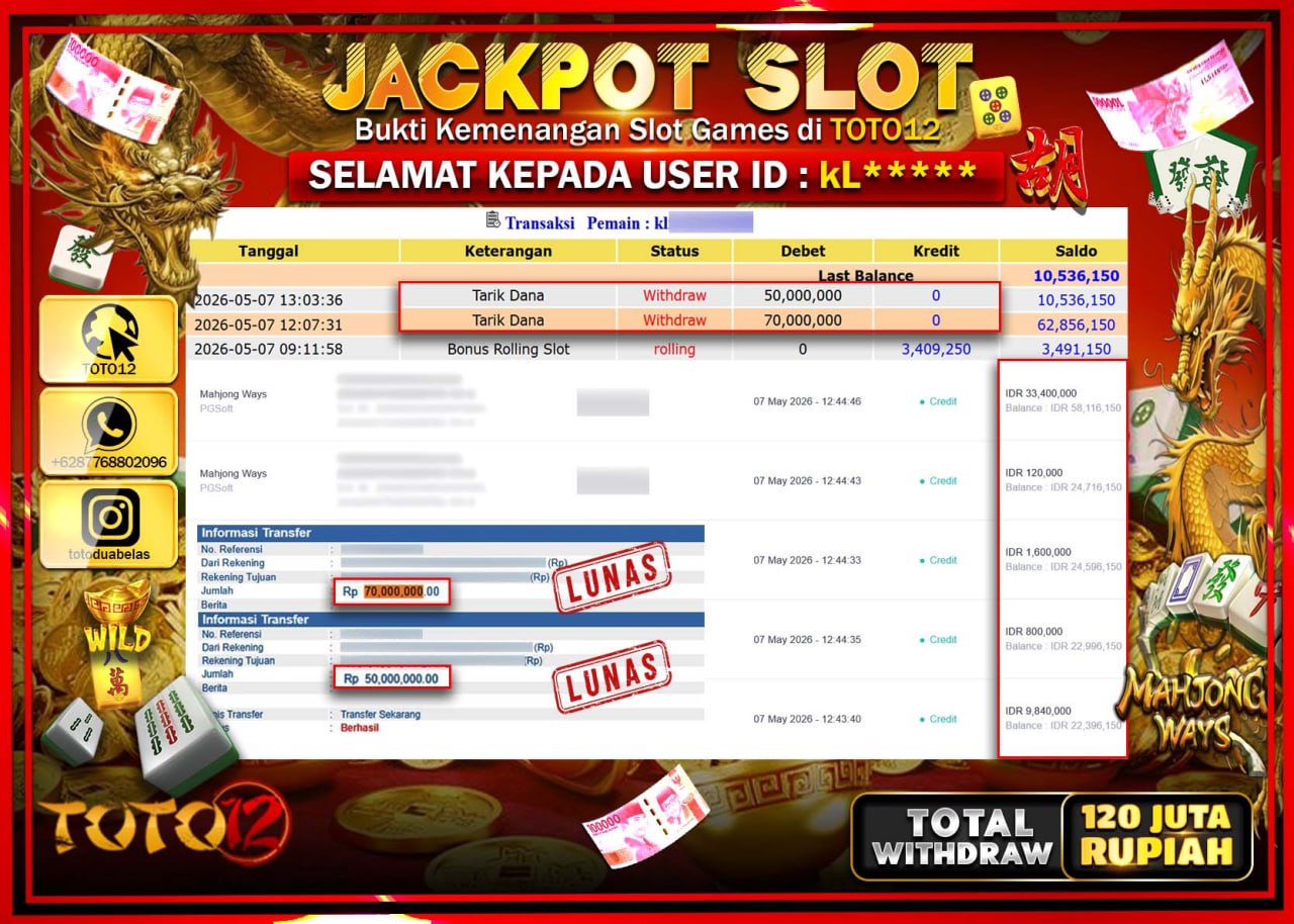 HANYA DI TOTO12 JP PASTI DI BAYAR LUNAS DAN CEPAT!!!!!! JACKPOT SLOT GAME (MAHJONG WAYS) Rp120.000.000!!!!
