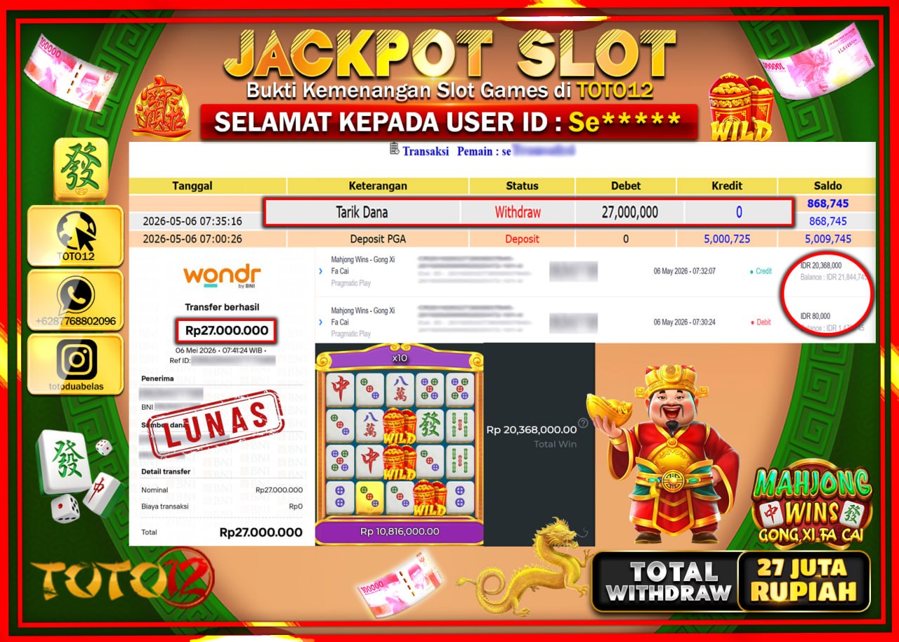 HANYA DI TOTO12 JP PASTI DI BAYAR LUNAS DAN CEPAT!!!!!! JACKPOT SLOT GAME (MAHJONG WINS GONG XI FA CAI) Rp27.000.000!!!!