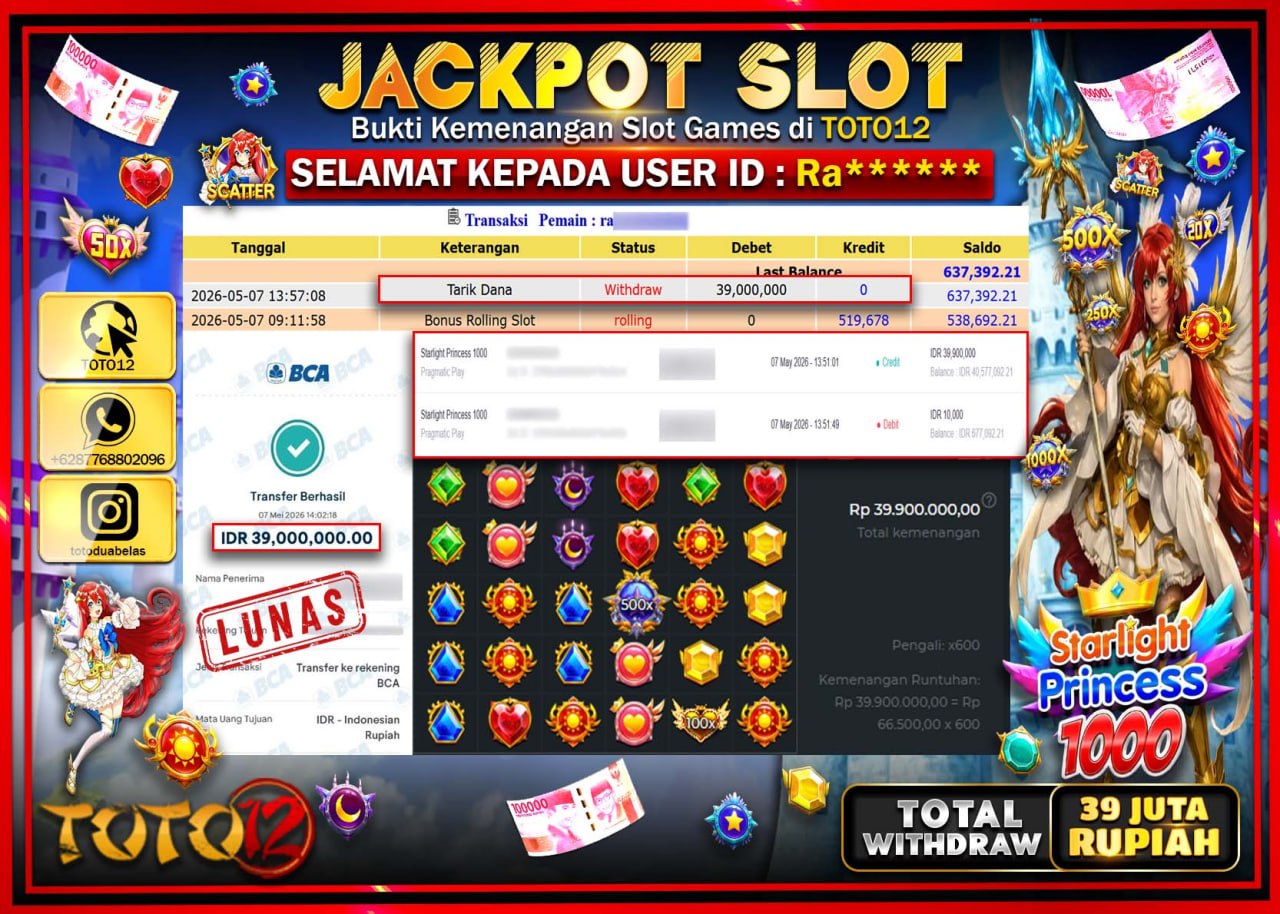 HANYA DI TOTO12 JP PASTI DI BAYAR LUNAS DAN CEPAT!!!!!! JACKPOT SLOT GAME (STARLIGHT PRINCESS 1000) Rp39.000.000!!!!
