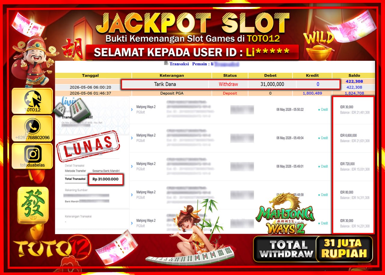 HANYA DI TOTO12 JP PASTI DI BAYAR LUNAS DAN CEPAT!!!!!! JACKPOT SLOT GAME (MAHJONG WAYS 2) Rp31.000.000!!!!
