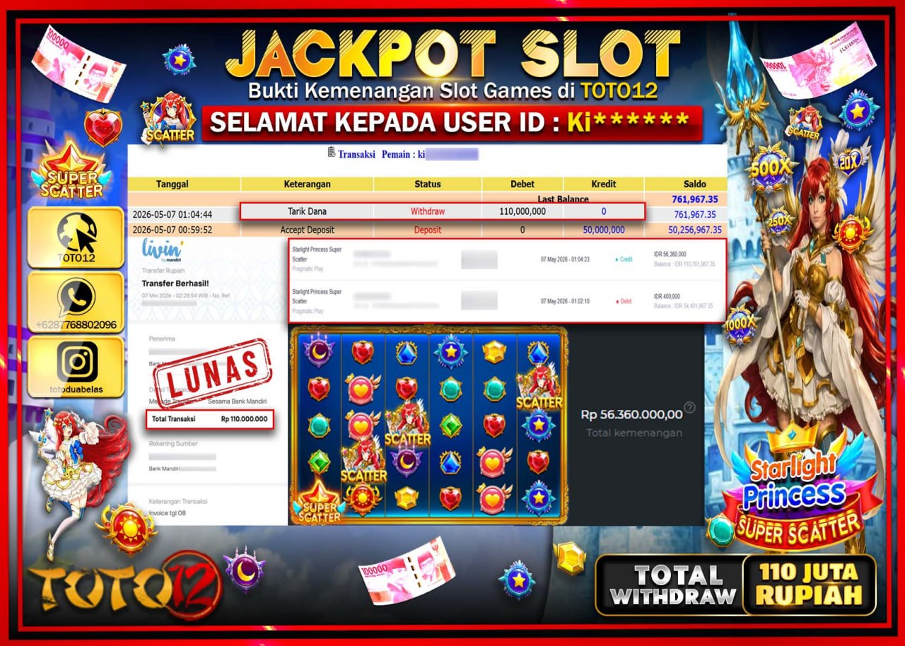 HANYA DI TOTO12 JP PASTI DI BAYAR LUNAS DAN CEPAT!!!!!! JACKPOT SLOT GAME (STARLIGHT PRINCESS SUPER SCATTER) Rp110.000.000!!!!