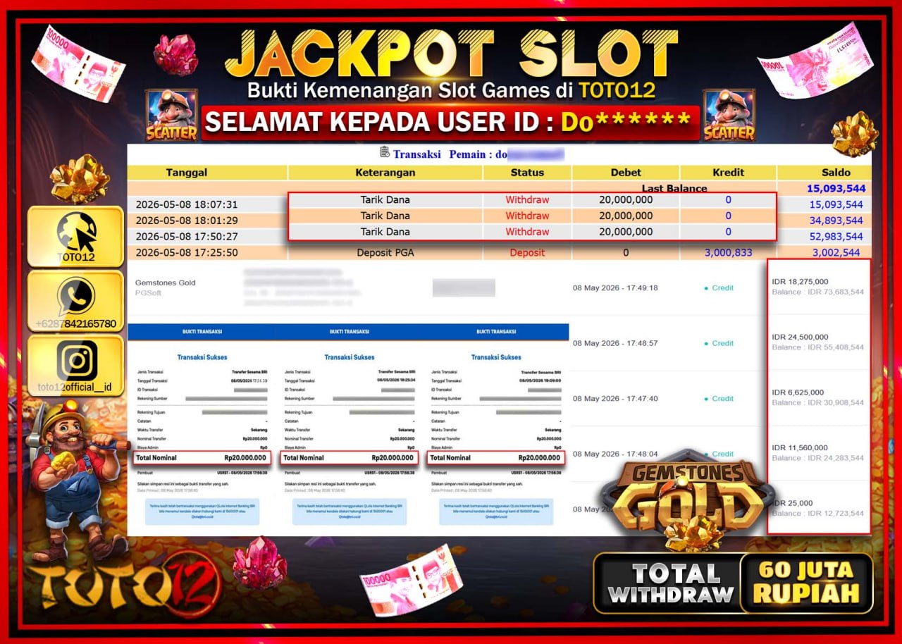 HANYA DI TOTO12 JP PASTI DI BAYAR LUNAS DAN CEPAT!!!!!! JACKPOT SLOT GAME (GEMSTONES GOLD) Rp60.000.000!!!!