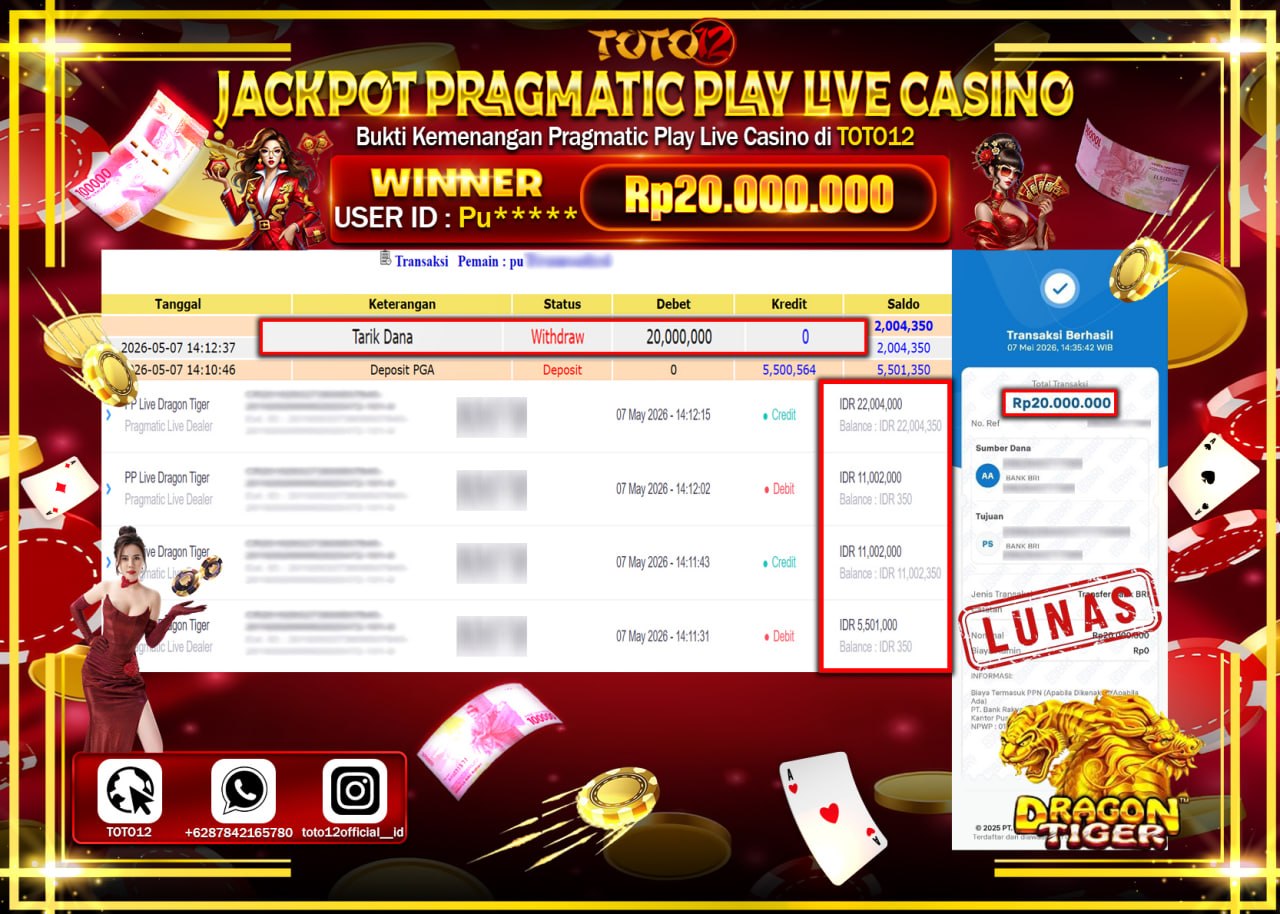 HANYA DI TOTO12 JP PASTI DI BAYAR LUNAS DAN CEPAT!!!!!! JACKPOT PRAGMATIC PLAY LIVE GAME CASINO (PP LIVE DRAGON TIGER) Rp20.000.000!!!!