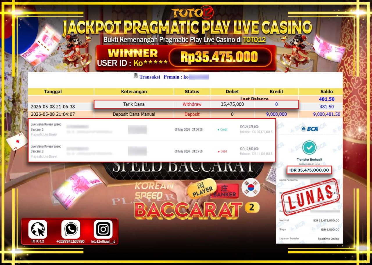 HANYA DI TOTO12 JP PASTI DI BAYAR LUNAS DAN CEPAT!!!!!! JACKPOT PRAGMATIC PLAY LIVE GAMES CASINO (KOREAN SPEED BACCARAT 2) Rp35.475.000!!!!