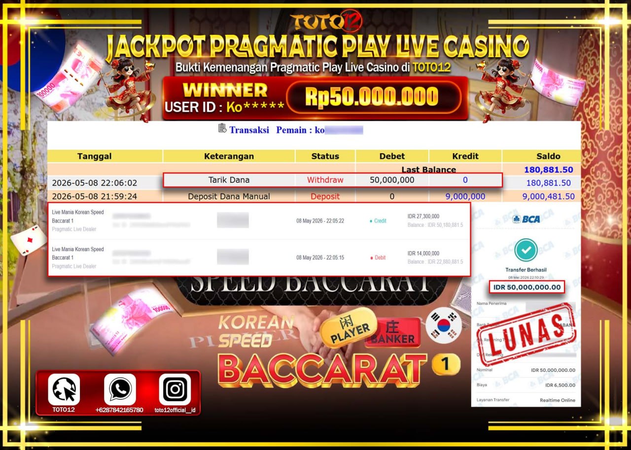 HANYA DI TOTO12 JP PASTI DI BAYAR LUNAS DAN CEPAT!!!!!! JACKPOT PRAGMATIC PLAY LIVE GAMES CASINO (KOREAN SPEED BACCARAT 1) Rp50.000.000!!!!