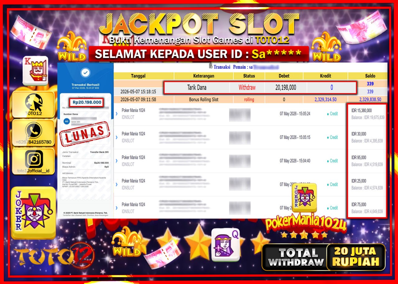 HANYA DI TOTO12 JP PASTI DI BAYAR LUNAS DAN CEPAT!!!!!! JACKPOT SLOT GAME (POKER MANIA 1024) Rp20.198.000!!!!
