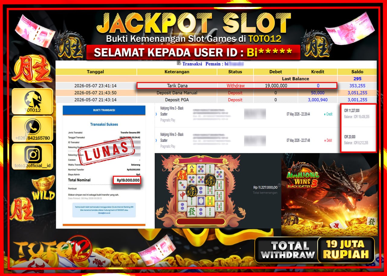 HANYA DI TOTO12 JP PASTI DI BAYAR LUNAS DAN CEPAT!!!!!! JACKPOT SLOT GAME (MAHJONG WINS 3 BLACK SCATTER) Rp19.000.000!!!!