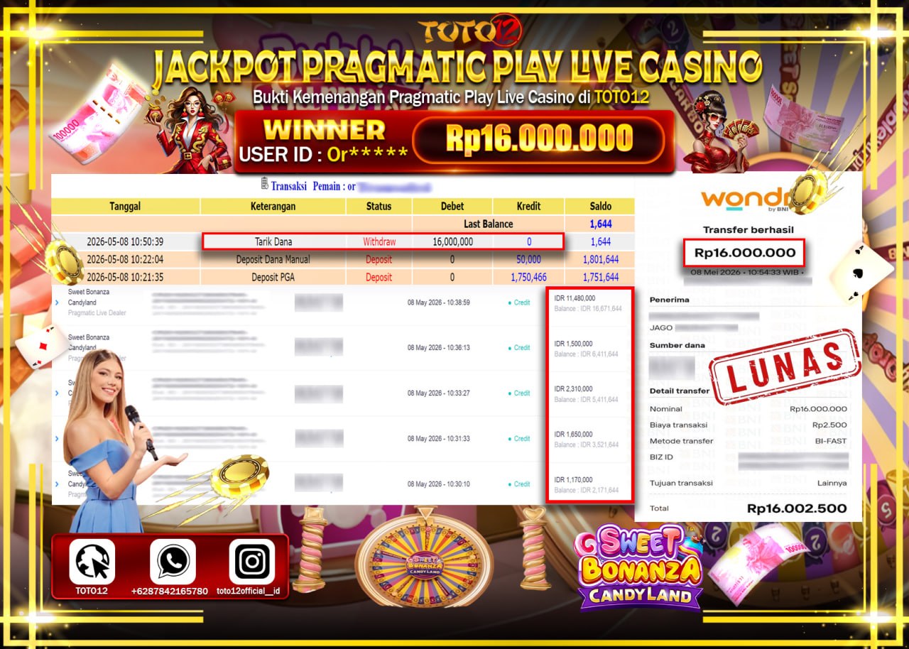 HANYA DI TOTO12 JP PASTI DI BAYAR LUNAS DAN CEPAT!!!!!! JACKPOT PRAGMATIC PLAY LIVE GAME CASINO (SWEET BONANZA CANDYLAND) Rp16.000.000!!!!
