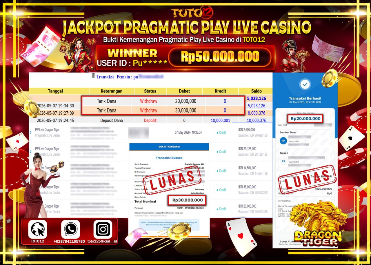 HANYA DI TOTO12 JP PASTI DI BAYAR LUNAS DAN CEPAT!!!!!! JACKPOT PRAGMATIC PLAY LIVE GAMES CASINO (DRAGON TIGER) Rp50.000.000!!!!