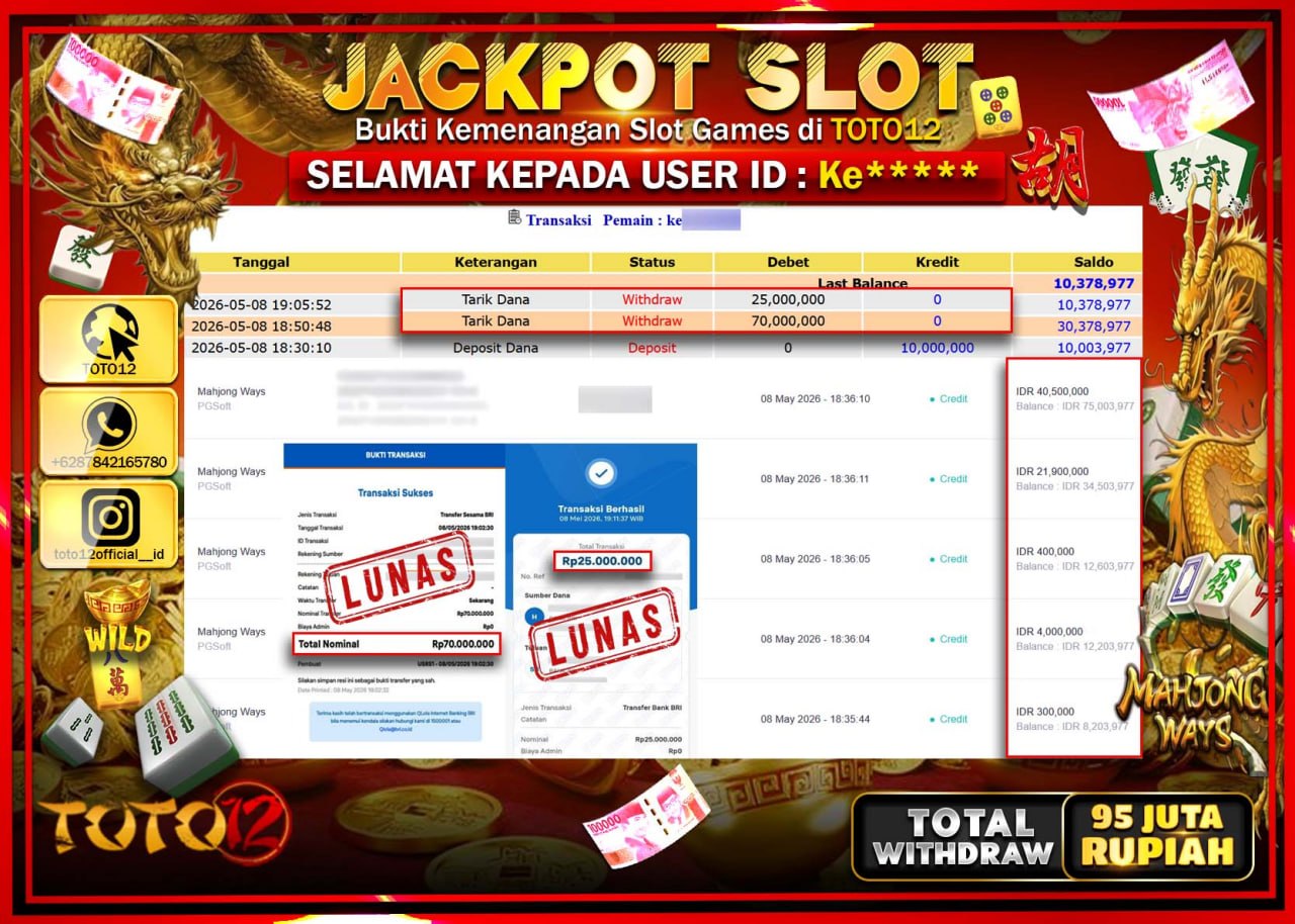 HANYA DI TOTO12 JP PASTI DI BAYAR LUNAS DAN CEPAT!!!!!! JACKPOT SLOT GAME (MAHJONG WAYS) Rp95.000.000!!!!