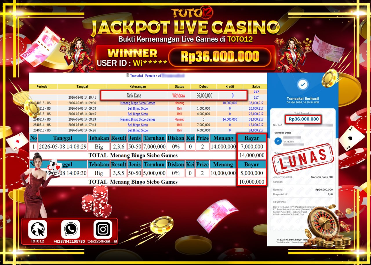 HANYA DI TOTO12 JP PASTI DI BAYAR LUNAS DAN CEPAT!!!!!! JACKPOT  LIVE GAME CASINO (BINGO SICBO) Rp36.000.000!!!!