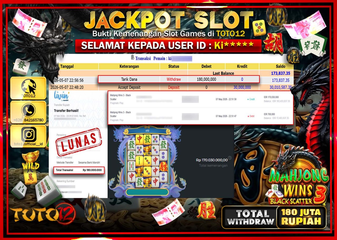 HANYA DI TOTO12 JP PASTI DI BAYAR LUNAS DAN CEPAT!!!!!! JACKPOT SLOT GAME (MAHJONG WINS 3 BLACK SCATTER) Rp180.000.000!!!!